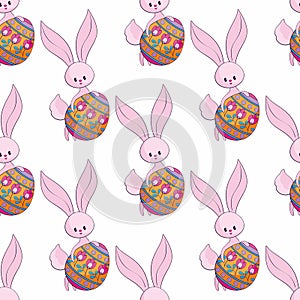 Easter seamless pattern with cute bunnies and colored eggs.