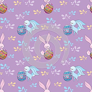 Easter seamless pattern with cute bunnies and colored eggs.