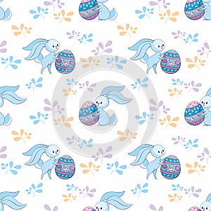Easter seamless pattern with cute bunnies and colored eggs.