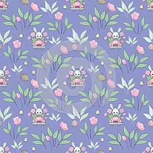 Easter seamless pattern with cute bunnies and colored eggs