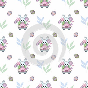 Easter seamless pattern with cute bunnies and colored eggs