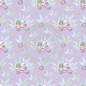 Easter seamless pattern with cute bunnies and colored eggs