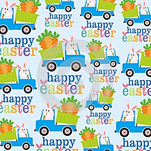 Easter seamless pattern with cute bunny and carrots on the truck