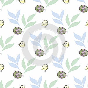 Easter seamless pattern with cute chickens and colored eggs