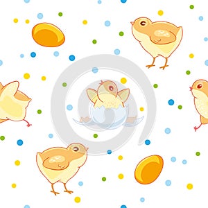 Easter seamless pattern with cute chickens and valuewise from the egg the chick on the background of colored confetti