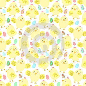 Easter seamless pattern with cute chicks and eggs on a transparent background. Vector hand-drawn illustration of chicken for sprin