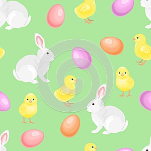 Easter seamless pattern. Cute hare, yellow funny chickens and colored eggs on green background.