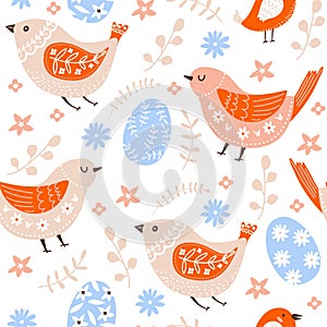 Easter seamless pattern with cute various birds, eggs, flowers and leaves.