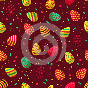 Easter seamless pattern with decorated eggs, confetti isolated on chocolate background.