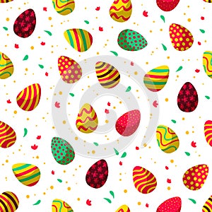 Easter seamless pattern with decorated eggs, confetti isolated on white background.