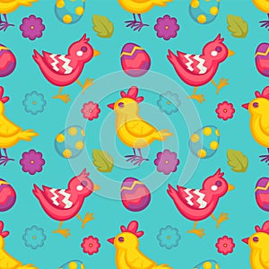 Easter seamless pattern eggs and birds chicken and flowers