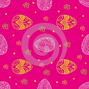 Easter seamless pattern with eggs and flowers on the pink