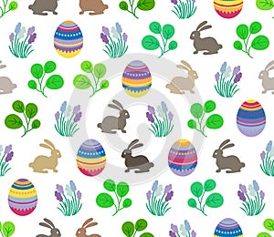 Easter seamless pattern with eggs, rabbits, leaves and flowers. Holiday icon design set. Happy, colorful, simple, cartoon shapes a