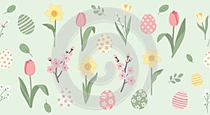Easter Seamless Pattern with Eggs and Spring Elements Flat Vector Background