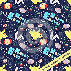 Easter seamless pattern flat illustration in the style of childrens doodle Beautiful lettering chicken and colored eggs drawings