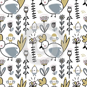 Easter seamless pattern with flowers, chickens and chiks. Handwritten vector illustration