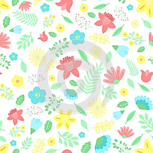 Easter seamless pattern of flowers and leaves on a transparent background. Vector hand-drawn illustration of plants for spring hol
