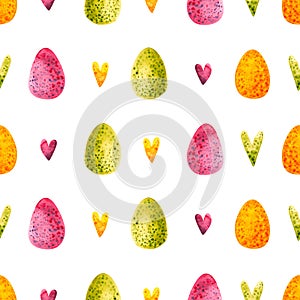 Easter seamless pattern. Hand drawn illustration is isolated on white. Painted colored eggs and hearts