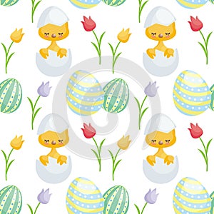 Cute chick and easter eggs seamless pattern