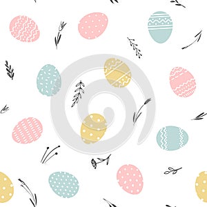 Easter seamless pattern in pastel spring colors.  Background with easter eggs and plants