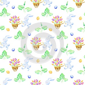 Easter seamless patterns with hand drawn cute bunnies