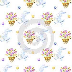 Easter seamless patterns with hand drawn cute bunnies