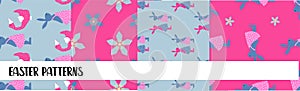 EASTER SEAMLESS PATTERNS. set of abstract vector paper with decorative flowers, shapes and symbols of easter day