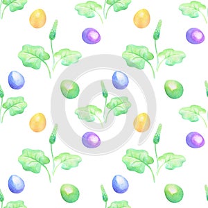 Easter seamless patterns with spring flowers and colored eggs