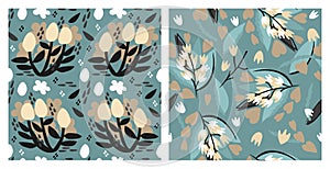 Easter seamless vector pattern on blue background. Set of two floral patterns