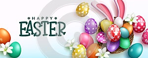 Easter season vector background design. Happy easter text with 3d colorful eggs and bunny ears in basket nest decoration.
