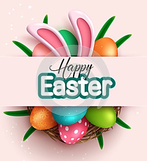 Easter season vector design. Happy easter typography text in pink space with 3d realistic bunny figurine and colorful eggs pattern