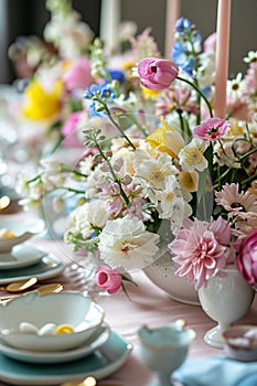 Easter served table with flowers. Selective focus.