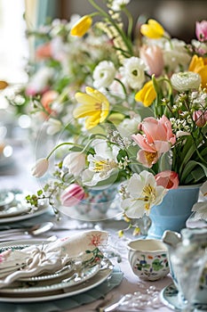 Easter served table with flowers. Selective focus.
