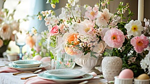 Easter served table with flowers. Selective focus.
