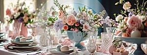 Easter served table with flowers. Selective focus.
