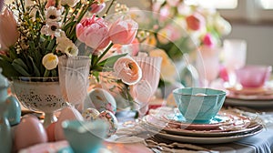 Easter served table with flowers. Selective focus.