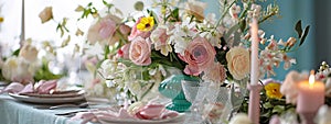 Easter served table with flowers. Selective focus.