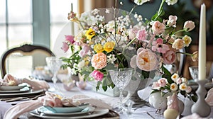Easter served table with flowers. Selective focus.