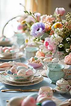 Easter served table with flowers. Selective focus.