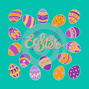 A big set of colorful Easter eggs in doodle style on a blue background. Hand-drawn calligraphic inscription `Easter`.