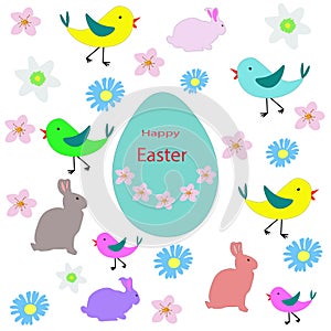 Easter set with bunnies, sakura flowers, daisies, abstract birds and egg. Cute cartoon characters and floral icon, vector eps 10