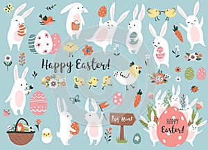 Easter set with cute bunnies, chickens, and easter eggs