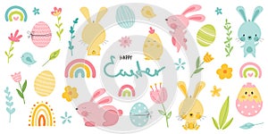 Easter set with cute bunny, eggs, rainbow, flowers