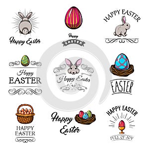 Easter set. Easter cartoon characters and design elements. Easter greeting card. Vector illustration.