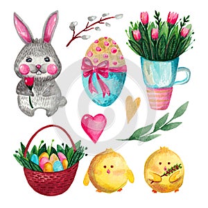 Easter set of elements watercolor illustration of a hare chicken basket eggs flowers Tulip