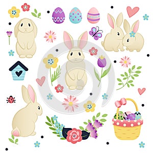 Easter set, flowers, bunnies and Easter eggs. photo