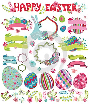 Easter set.Flowers,eggs,ribbon,headline,labels