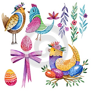 Easter set. Holiday symbols. Fabulous birds, Easter eggs, flowers and a pink bow. Watercolor