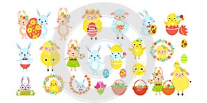 Easter set of holiday symbols. Rabbit, lamb, chicken