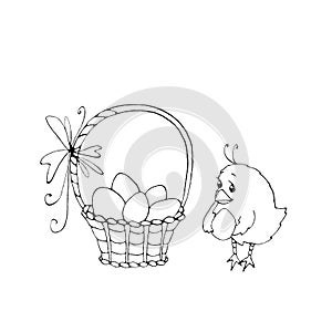 Easter set of outline illustrations, hand drawn, sketch style, simple. Chicken, basket of eggs. Coloring book design elements.